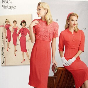 May include: Vintage 1950s sewing pattern for a dress with a lace top and a matching jacket. The pattern number is 8460 H5. The pattern is designed and printed in the USA.