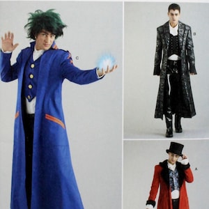 May include: Simplicity Costumes sewing pattern for three different long coats. The pattern is for sizes US 34-42, TALLA EURO 44-52, TAILLE FR. 44-52. The coats are shown in blue, black, and red.
