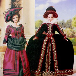 May include: A vintage Vogue Craft sewing pattern for making doll clothes. The pattern is for a doll with a red and black dress and a black and gold dress. The pattern is designed by Linda Carr.