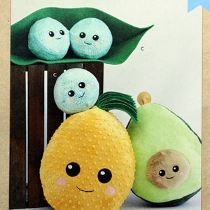 May include: A sewing pattern for plush fruits and vegetables. The pattern includes instructions for making a pineapple, avocado, and peas. The pattern is from Kwik Sew and the pattern number is K4365.