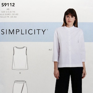 May include: A sewing pattern for a white blouse with a mandarin collar, a sleeveless top, and a wrap skirt. The pattern is from Simplicity and is size H5, US sizes 6-14, European sizes 32-40, and French sizes 34-42.