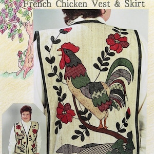 May include: A sewing pattern for a French Chicken Vest and Skirt. The pattern is from TreeHouse designs and is number #403. The pattern includes a rooster, flowers, and leaves. The pattern is available in sizes XS to XXL.