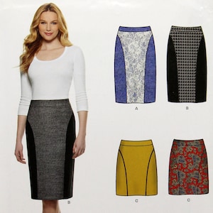 May include: A sewing pattern for a skirt with four different styles. The pattern includes a black and white skirt, a blue and white skirt, a yellow skirt, and a red and black skirt. The pattern is for sizes 8-20, 36-48, and 34-46.