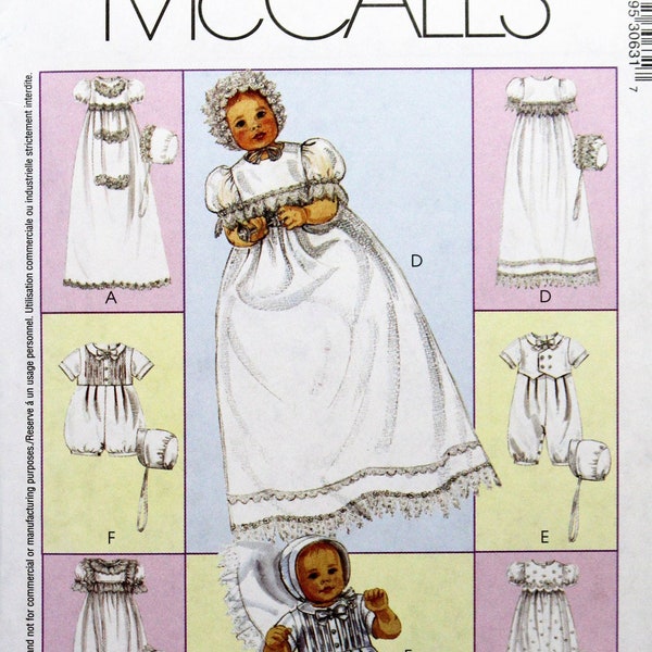 McCall's Sewing Pattern 3063, Infant Christening Gown, Rompers and Bonnets Sewing Pattern, Uncut/FF, Infant Sizes NB S M L