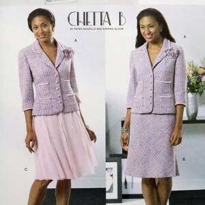 May include: A sewing pattern for a two-piece suit with a jacket and skirt. The pattern is for sizes 14-16-18-20. The pattern is by Butterick and is called "Chetta B" by Peter Novello and Sherrie Bloom.