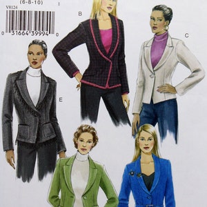 May include: A sewing pattern for a blazer with five different styles. The pattern is from Vogue basic design and is for sizes 6-8-10. The pattern includes a black and white plaid blazer, a white blazer, a green blazer, a blue blazer, and a gray blazer.