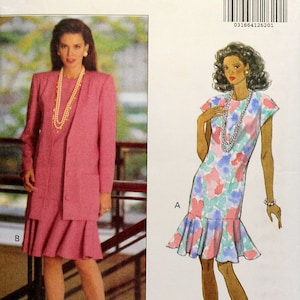 May include: A sewing pattern for a dress and jacket set. The pattern is for sizes 6-8-10 and is from Butterick's Fast & Easy line. The dress is floral print and the jacket is pink.