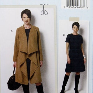 May include: Sewing pattern for a long brown coat with a draped collar and a short black dress. The pattern is called "lisette" and the number is B6244. The pattern is for sizes 18W-20W-22W-24W.