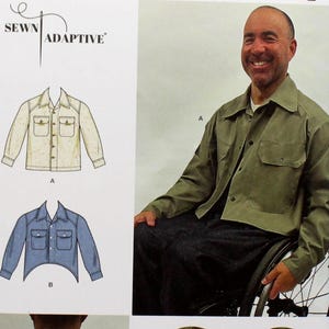 May include: Simplicity sewing pattern S3019 for a shirt with different closure options, including snaps, magnets, or buttons. The pattern is designed for adaptive sewing and includes a non-constraining fit for mobility comfort. The pattern is available in sizes XS-XL.