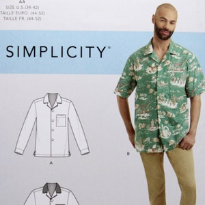 May include: Simplicity sewing pattern S9157 for a shirt. The pattern includes diagrams of long and short-sleeved shirt designs. The image shows a man wearing a green patterned short-sleeved shirt and tan pants.