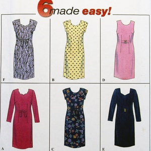 May include: Simplicity sewing pattern number 7431 for six different dresses. The pattern includes a dress with a black and white geometric print, a yellow dress with black polka dots, a pink dress with a belt, a red dress with a bow, a blue dress with a floral print, and a navy blue dress with a gold buckle.