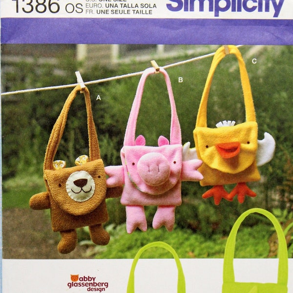 Simplicity Sewing Pattern 1386, Fleece Animal Bags, Uncut/FF, Abby Glassenberg Design, Childs' Fleece Bags Sewing Pattern