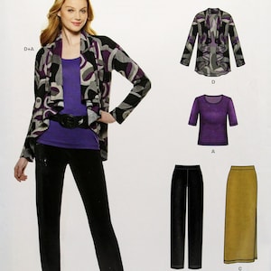 May include: A sewing pattern for a cardigan, top, pants, and skirt. The pattern is for sizes 10-22, 38-50, and 36-48. The pattern is called "Just4Knits" and is from New Look.