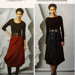 May include: A sewing pattern for a skirt with two different styles. The first style is a red skirt with a wide waistband and a gathered hem. The second style is a black and blue skirt with a gathered hem. The pattern is from Vogue Patterns and is designed by Marc Tilton.