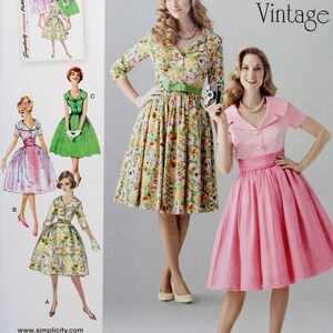 May include: Simplicity sewing pattern number 1459 for a 1950s vintage dress. The pattern includes four different styles of dresses, all with a full skirt. The dresses are shown in floral prints and solid colors.