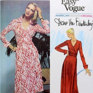 May include: Vintage sewing pattern for a wrap dress, designed by Diane Von Furstenberg. The pattern is for sizes 6-8-10-12-14. The pattern shows two versions of the dress, one short and one long. The short dress is red and white with a geometric pattern. The long dress is solid red.