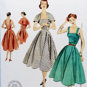 May include: Vogue Patterns sewing pattern featuring illustrations of vintage dresses. The pattern includes a striped dress, a teal dress, and a rust-colored dress. The pattern is a reissue from 1952 and is designed and printed in the USA.