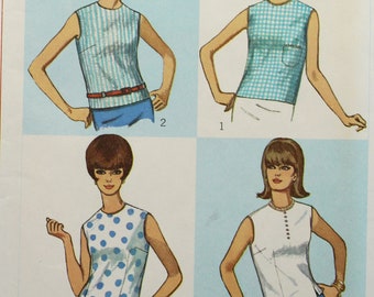 Simplicity Sewing Pattern 6313, Misses' Easy Sleeveless Over-Blouse, Misses' Size 12, Bust 32", Uncut/FF, Vintage 1960s Top Sewing Pattern