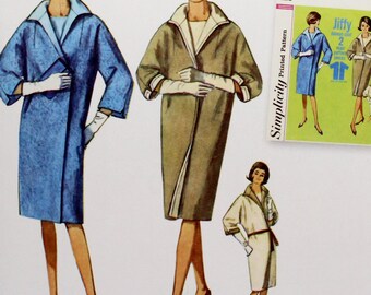 May include: Vintage Simplicity sewing pattern for a coat, labeled "Jiffy" and "1960s Vintage". The pattern includes three main pieces and is easy to cut and sew. The pattern is for sizes US 18-26, Euro 44-52, and French 46-54.