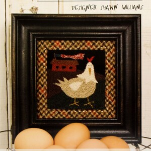 May include: A punch needle embroidery pattern featuring a white chicken with a red comb, standing in front of a red barn with a red roof. The pattern is titled "Night Patrol" and is 3 1/4 inches by 3 1/4 inches.