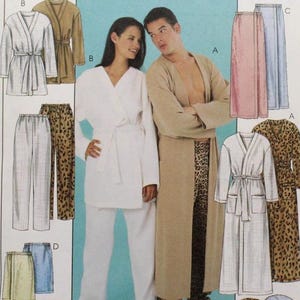 May include: McCall's sewing pattern featuring options for robes, pants, and accessories. The pattern includes illustrations of a white robe, a tan robe, and leopard print pants. The text "EASY ENDLESS options" is visible.