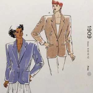 May include: A vintage sewing pattern from Kwik Sew, pattern 1909, featuring illustrations of two blazers. One blazer is tan, the other is blue. The pattern includes sizes 6-8-10-12. The Kwik Sew logo is at the top.