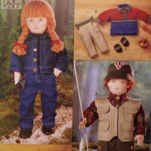 May include: Vogue Craft pattern 9833 featuring doll clothing designs. Includes a denim jumpsuit, a red and blue sweater, khaki pants, a fishing vest, shorts, a plaid shirt, and a yellow rain suit. The pattern is designed by Linda Carr.
