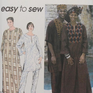May include: Simplicity sewing pattern featuring African-inspired clothing designs. The pattern includes illustrations of various outfits, with the words "easy to sew" prominently displayed. The pattern is labeled with size information.