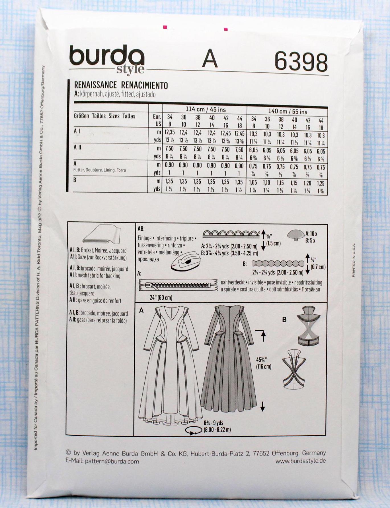 Burda Sewing Pattern 6398, Renaissance Gown, Uncut/ff, Misses' Size 8 ...