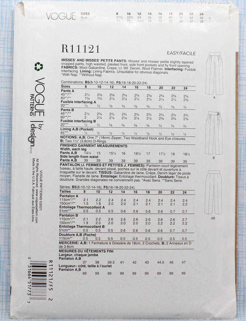 May include: Vogue sewing pattern R11121 for misses' and misses' petite trousers. The pattern includes instructions for making slightly tapered cropped trousers with a high waist, pleated front, side front pockets, and a fly front opening. The pattern is suitable for fabrics such as wool gabardine, crepe, lightweight denim, and wool flannel. The pattern includes a size chart for sizes 8-24.