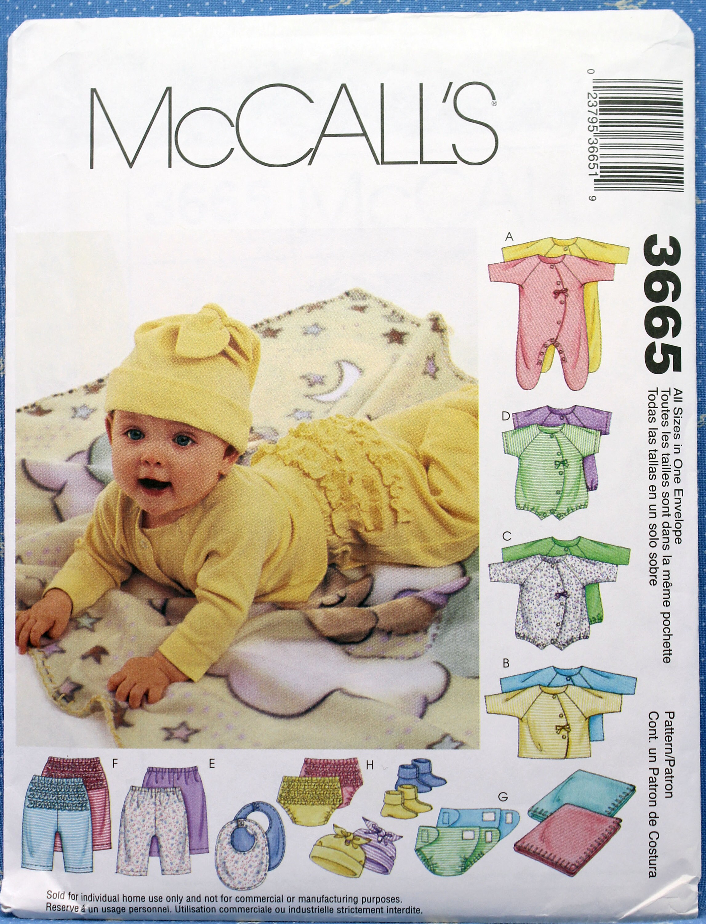 L Uncut Size NB Diaper Cover Bib and Hat Sewing Pattern Top Bodysuit Booties Blanket McCall's 3665 Infants' Coveralls Pants