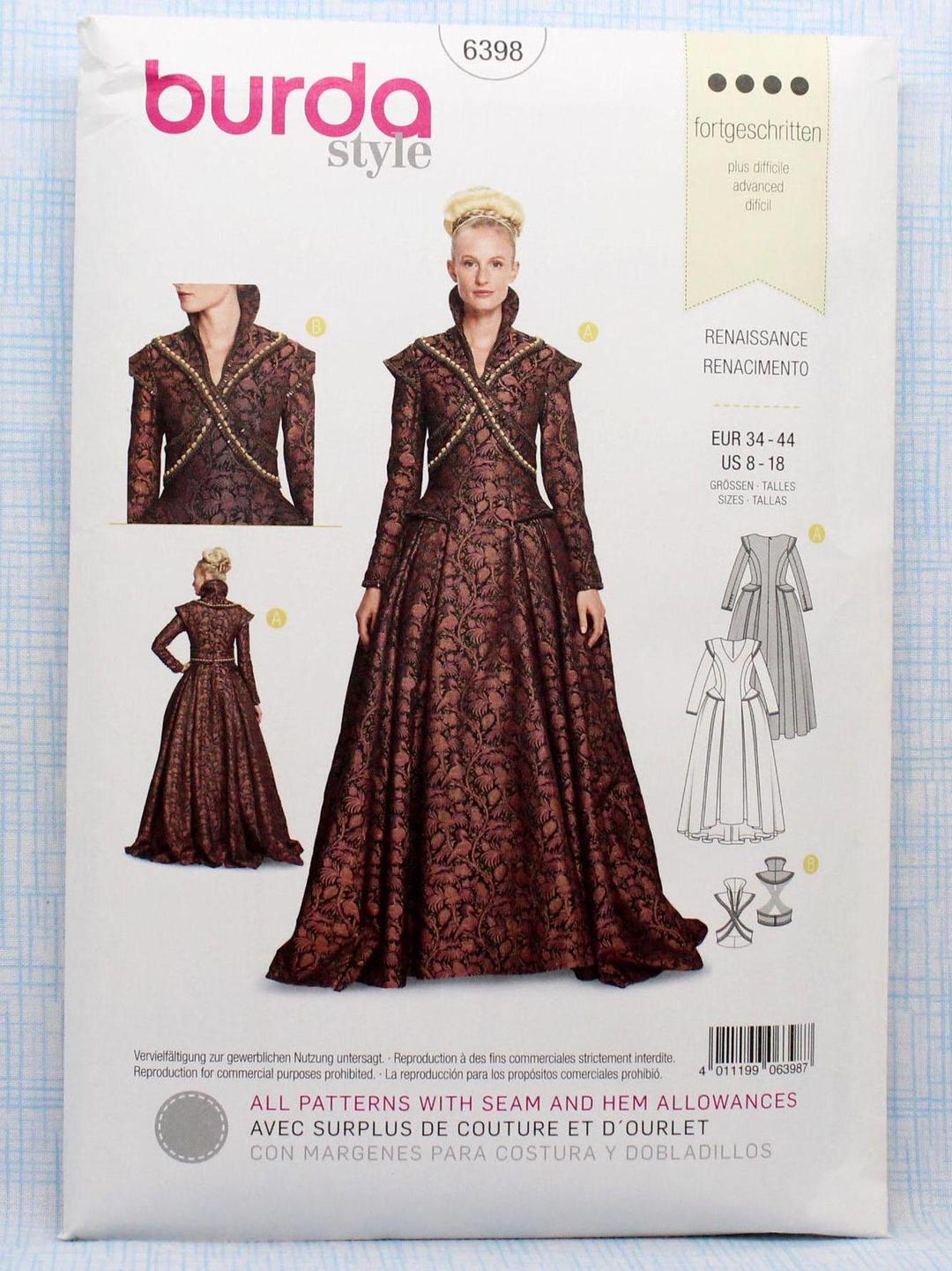 Burda Sewing Pattern 6398, Renaissance Gown, Uncut/ff, Misses' Size 8 ...