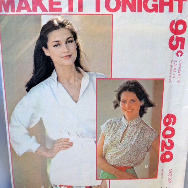 McCall's 6029, Misses' Blouse Pattern, Pullover Blouse Pattern, Sewing Pattern, Misses' Vintage, Size 14, Bust Size 36", Uncut Pattern
