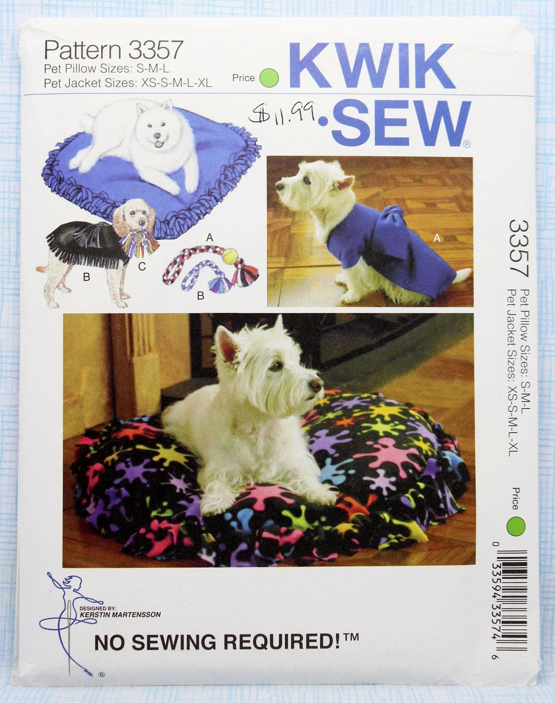 Kwik Sew 3357, Fleece Dog Beds or Pillows, Jackets and Toys No Sewing