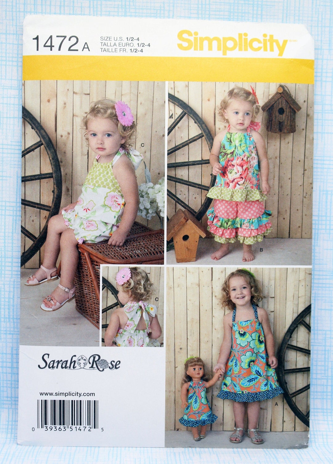 Simplicity Sewing Pattern 1472, Toddlers Romper, Dress, Top and Pants