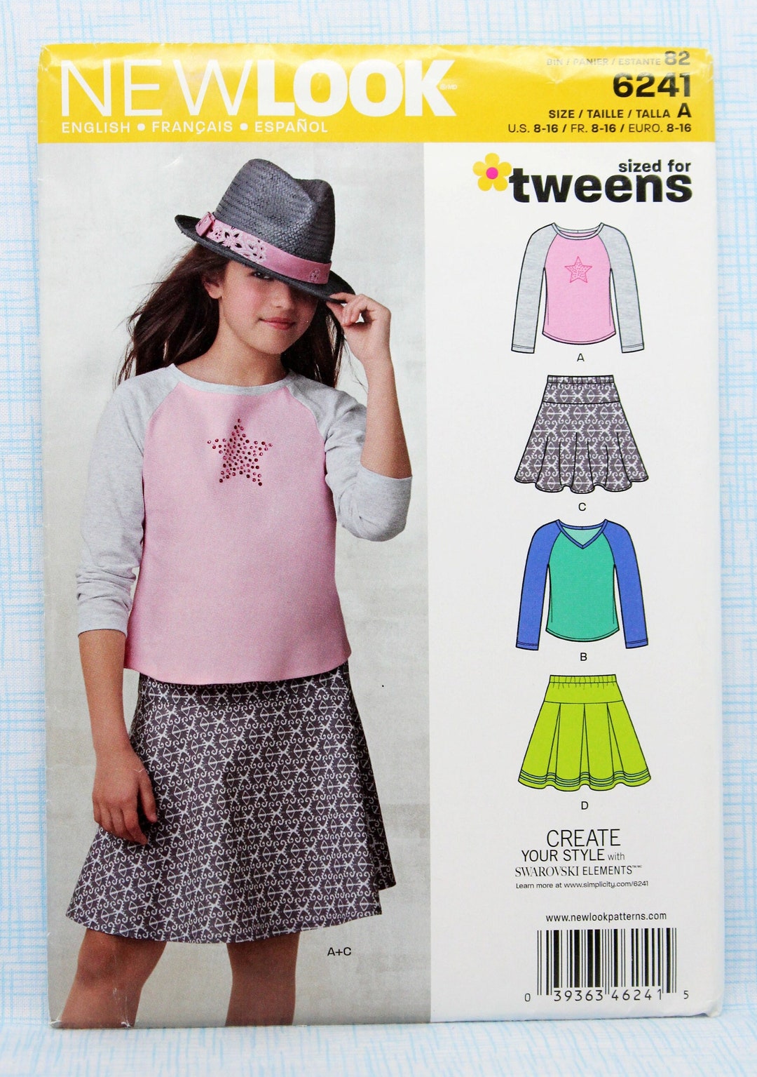 New Look Sewing Pattern 6241, Tween Girls' Skirts and Knit Tops, Uncut