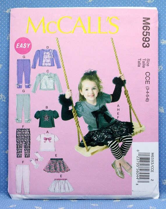 McCall's Sewing Pattern 6593, Toddlers'/Child's Tops, Skirt, Leggings and  Arm Warmers, Toddlers'/Child's Size 3 4 5 6, Uncut, McCall's M6593