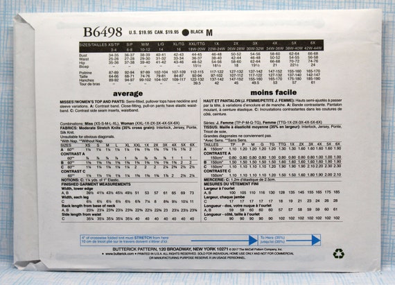 Butterick Sewing Pattern 6498, Misses' Stretch Knit Top and Pants