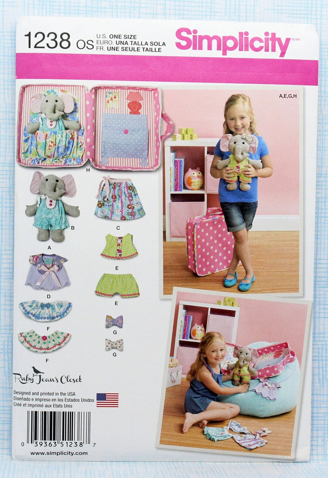Simplicity Sewing Pattern 1238, 12 Stuffed Elephant With Clothes and