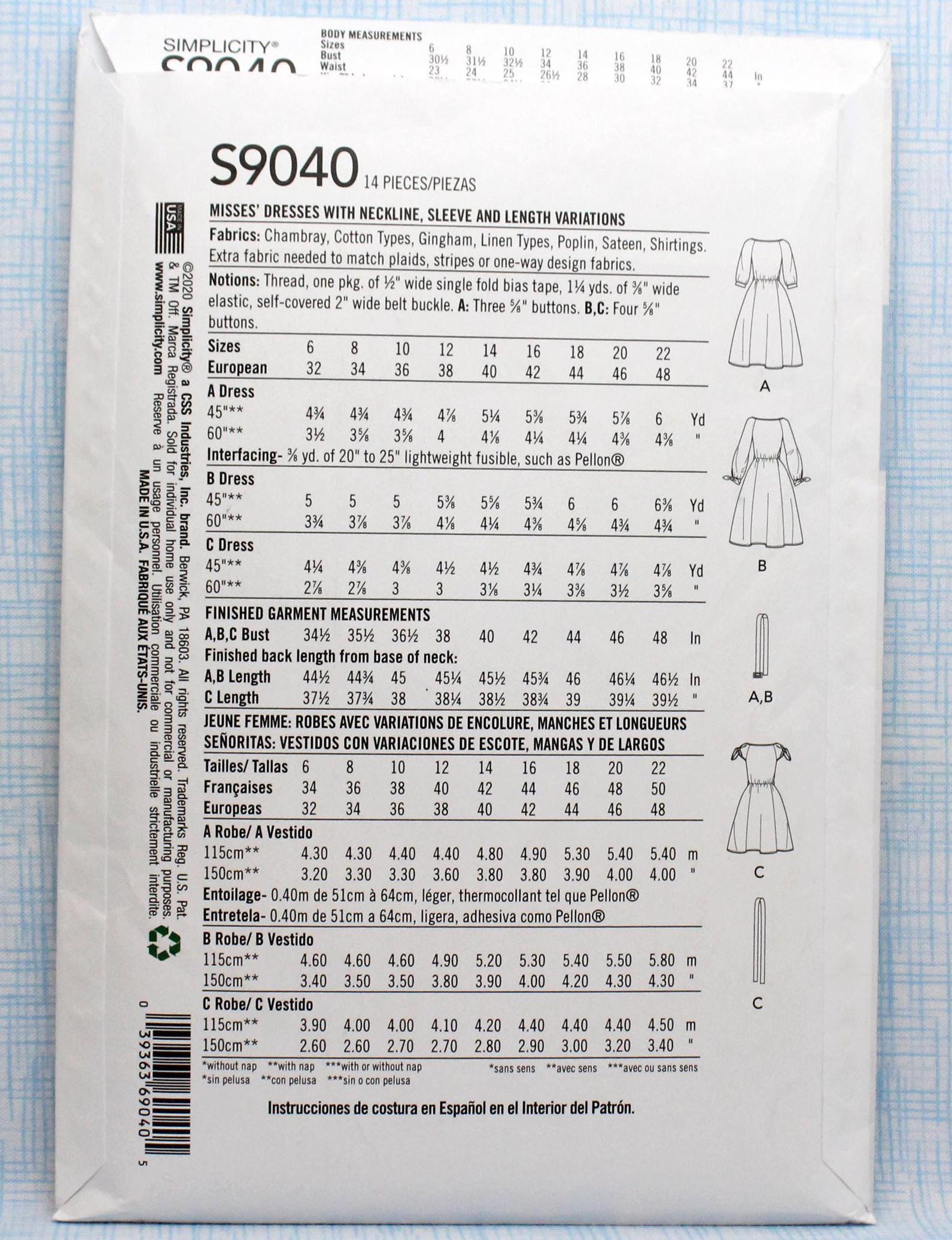 Simplicity Sewing Pattern 9040, Misses' Dresses With Neckline, Sleeve ...