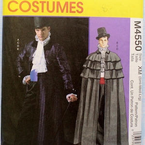 May include: A sewing pattern for a costume with a black and white ruffled collar, a black jacket, and a black cape. The pattern is for sizes small, medium, and large. The pattern number is M4550.