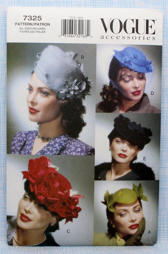 Vogue Sewing Pattern 7325, Misses' Vintage Style Hats, Uncut/FF, Vogue Hat Pattern, Vogue Accessories Sewing Pattern