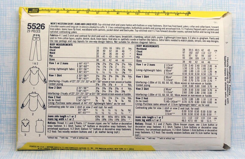 Simplicity Sewing Pattern 5526, Men's Western Shirt, Jeans and Lined