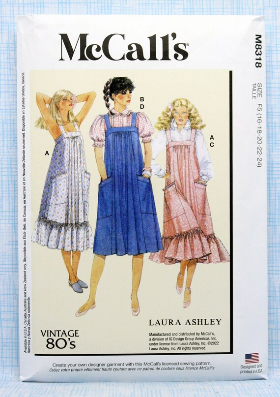 Patron de costura de McCall 8318 jersey o vestido y blusa reunidos para senoritas sin cortar FF talla de senoritas 16 18 20 22 24 Laura Ashley