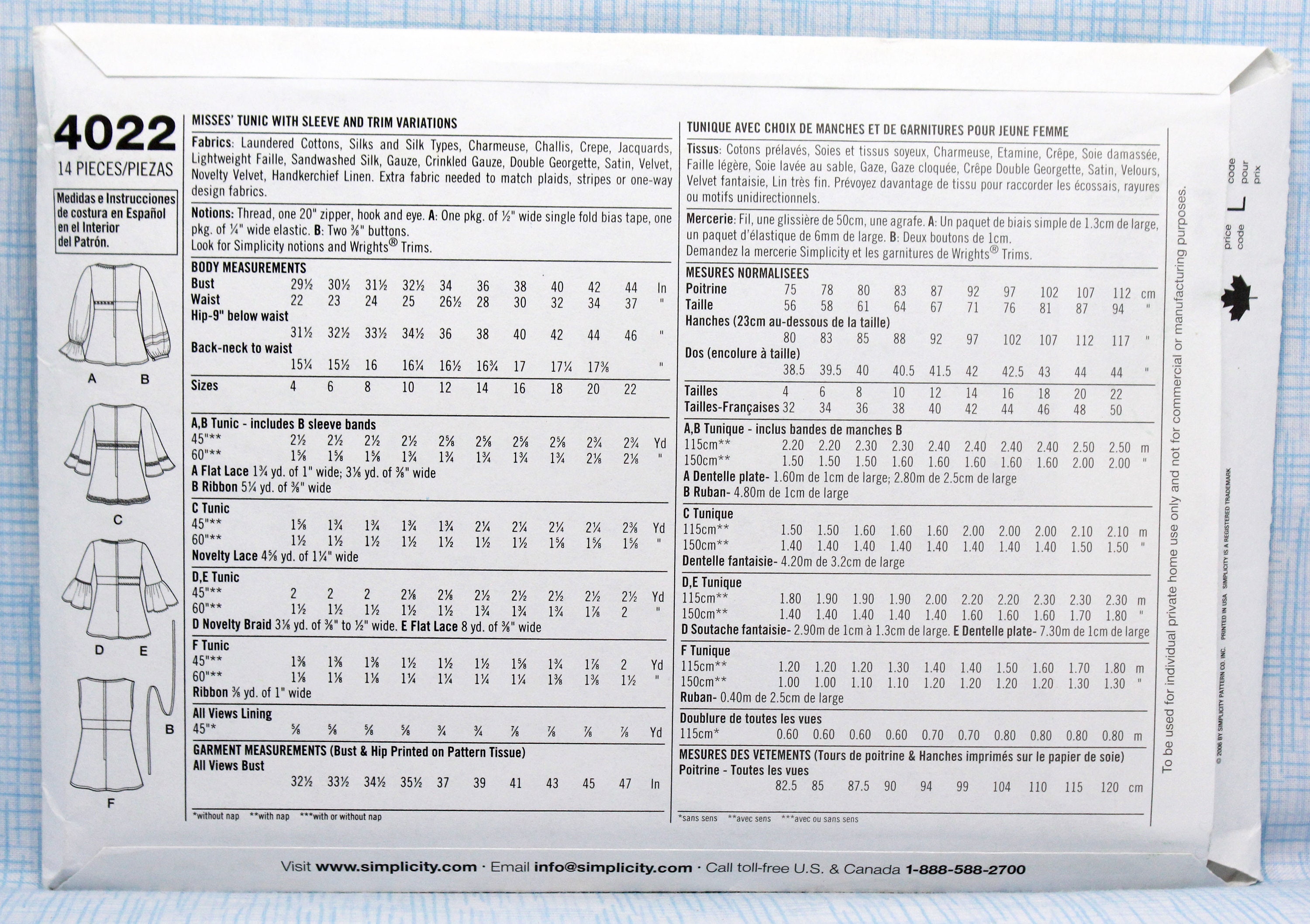 Simplicity Sewing Pattern 4022, Misses' Tunic With Square