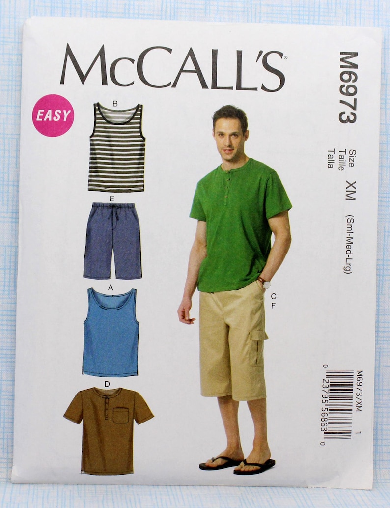 Mccall's Sewing Pattern 6973, Men's Shorts, Knit Tank Top and Tshirt