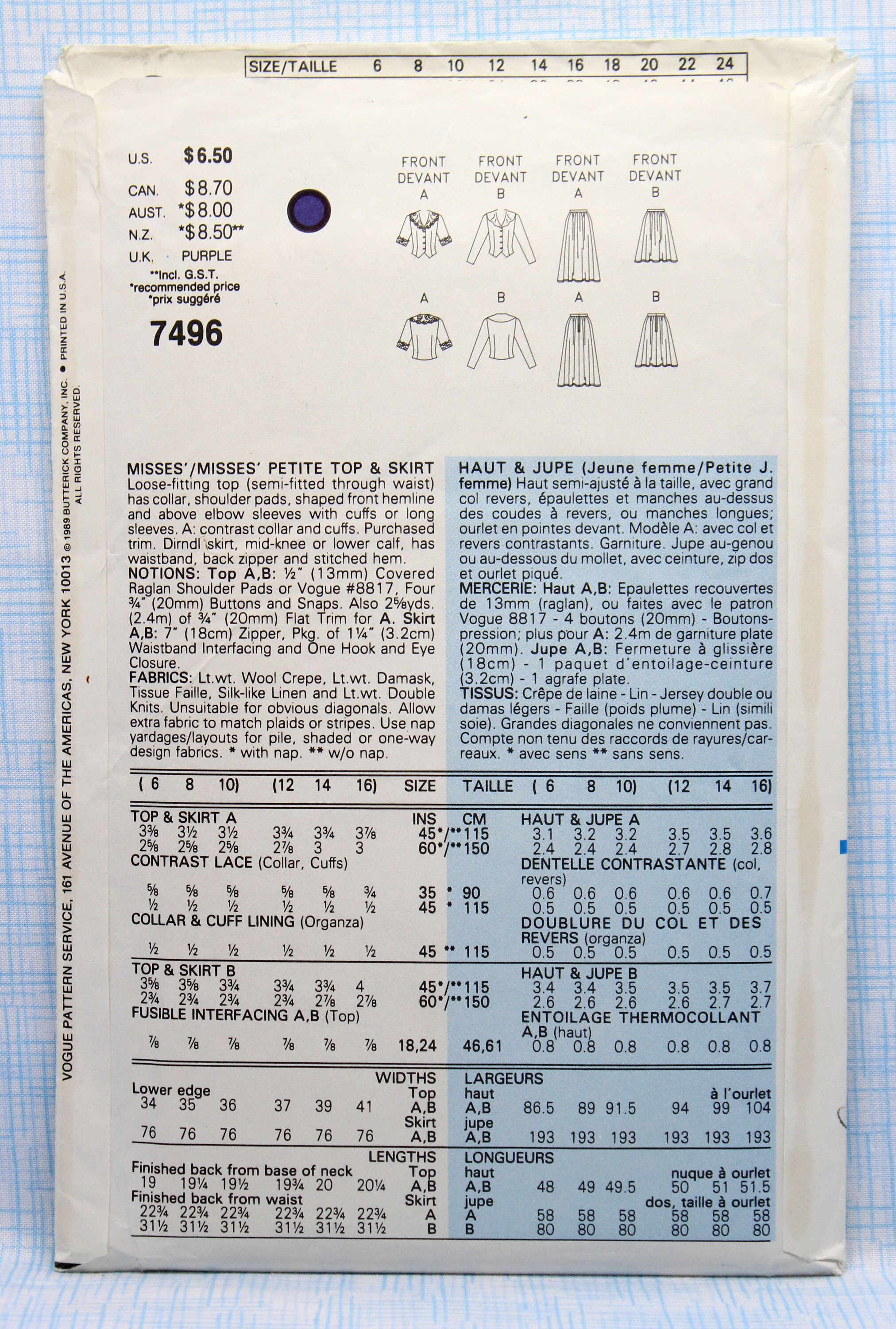 Vogue Sewing Pattern 7496, Misses' Semi-fitted Top and Dirndl Skirt ...