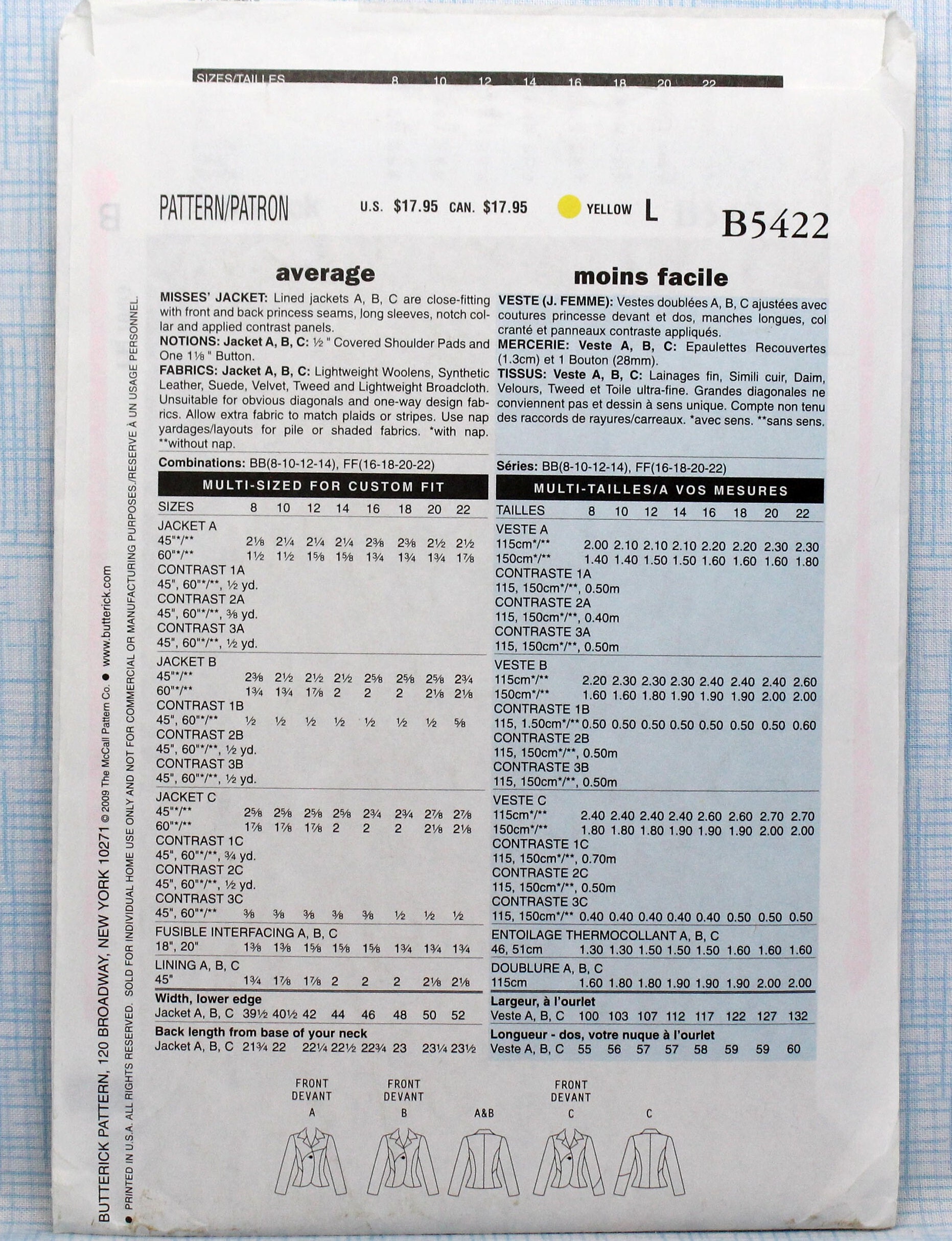 Butterick Sewing Pattern 5422, Misses' Close-fitting Jacket, Uncut