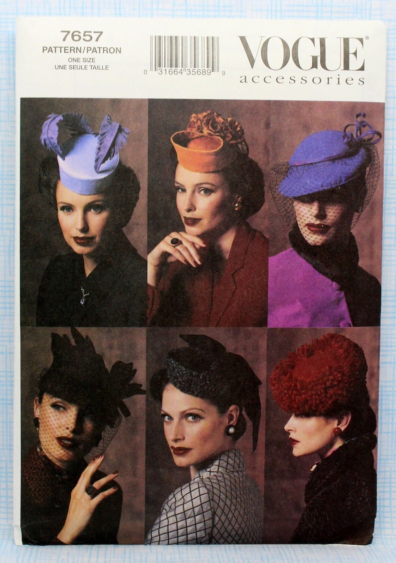May include: Vogue Accessories pattern showcasing six vintage hat designs. The hats are in diverse styles and colours, including a blue hat with feathers, an orange hat, and a red textured hat. The pattern number is 7657.