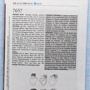 May include: Vintage hats pattern and instructions for six hats. Includes details for contrast feathers, veil, lining, flowers, and ribbon bow. All hats are one size fits most. The pattern includes fabric and notion requirements.
